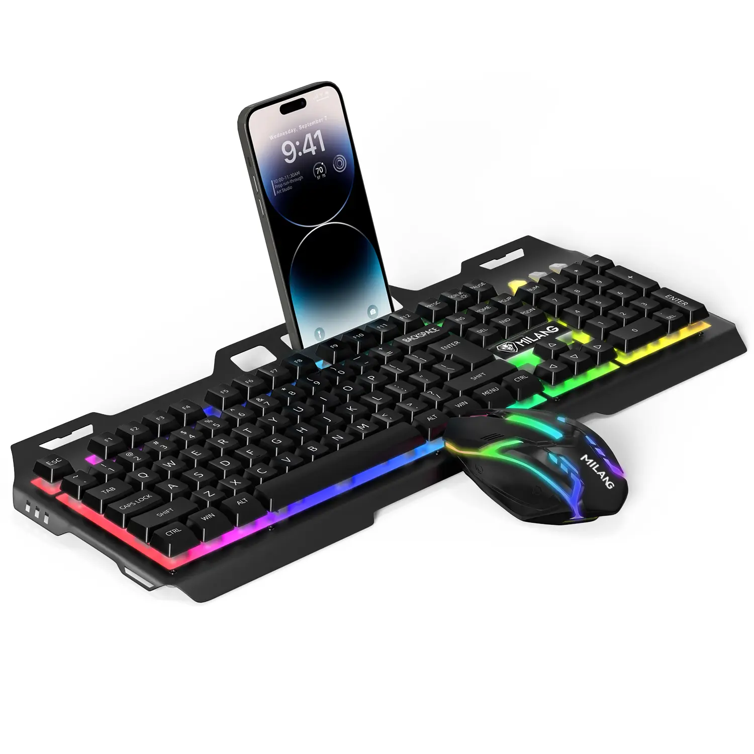 Wired Gaming Keyboard and Mouse Combo,Phone Holder,Mechanical Feel Gaming PC Accessories with RGB Backlight Keyboard,Ergonomic Mouse,Waterproof,Gamer Stuff for Gaming & Office Use