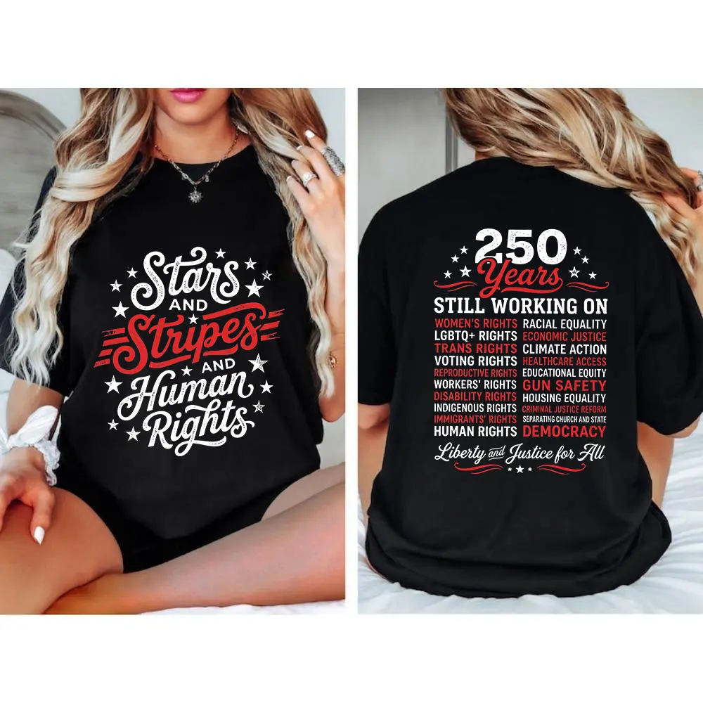 Women's Stars and Stripes Human Rights Graphic Tee - america250, 250 Years of U.S. Social Justice Progress Focus