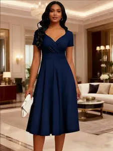 Fashionable Plus Size Streetwear Casual Wear Dress, Waist-Cinch A-Line V-Neck Women's Dress, Medium Elasticity, Easy Dry, Sizes Available