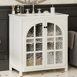 31" Farmhouse Bathroom Vanity with Ceramic Sink, Faux Aged Finish, Vintage Rustic Bathroom Cabinet with Bronze Pulls and 2 Soft-Closing Doors