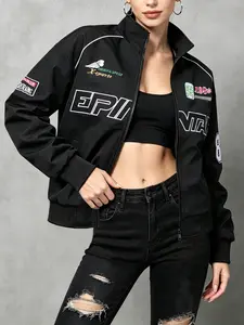 Women’s vintage racing-style aviator jacket, all-season windproof outerwear with prominent letter prints and embroidered patches, versatile design