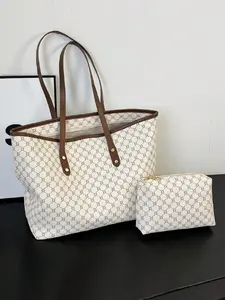 Women's Fashionable Geometric Pattern Tote Bag & Cosmetic Bag, Stylish Tote Bag, Casual Versatile Zipper Shoulder Bag & Cosmetic Bag, Trendy All-match Bag Set for Daily Use