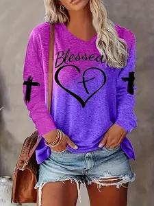 Women's Fashion Comfortable Trendy Casual Spring V-Neck Long Sleeve Colorblock Heart Pattern Plus Size Womenswear Top, New Style