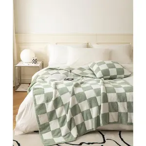 -Soft Checkerboard Grid Microfiber Knitted Throw Blanket Cozy Lightweight Checkered Bed Blanket for Sofa Couch Bed Matcha 51"X63"