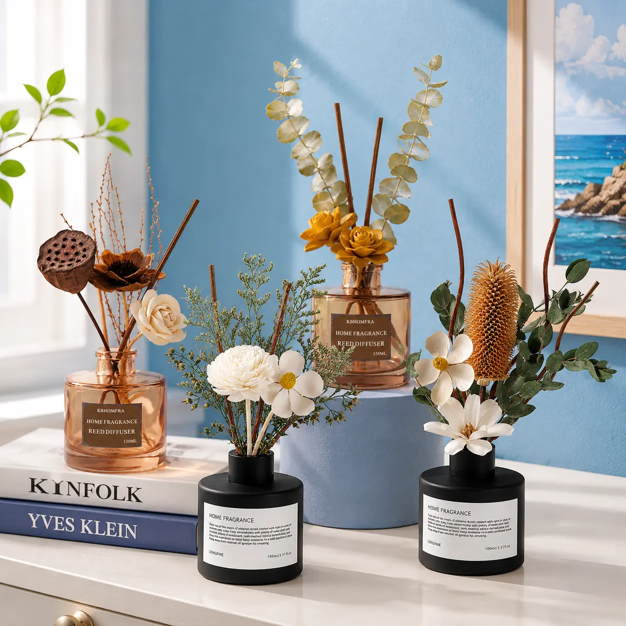 2-Pack Dried Flower Reed Diffuser Sets with Jasmine Blend Aromatherapy Oils, Home Fragrance Aroma Bottles for Home Decor, Valentine’s-Ready Gifts for Boyfriend, Anniversary Presents with Flower Bouquets
