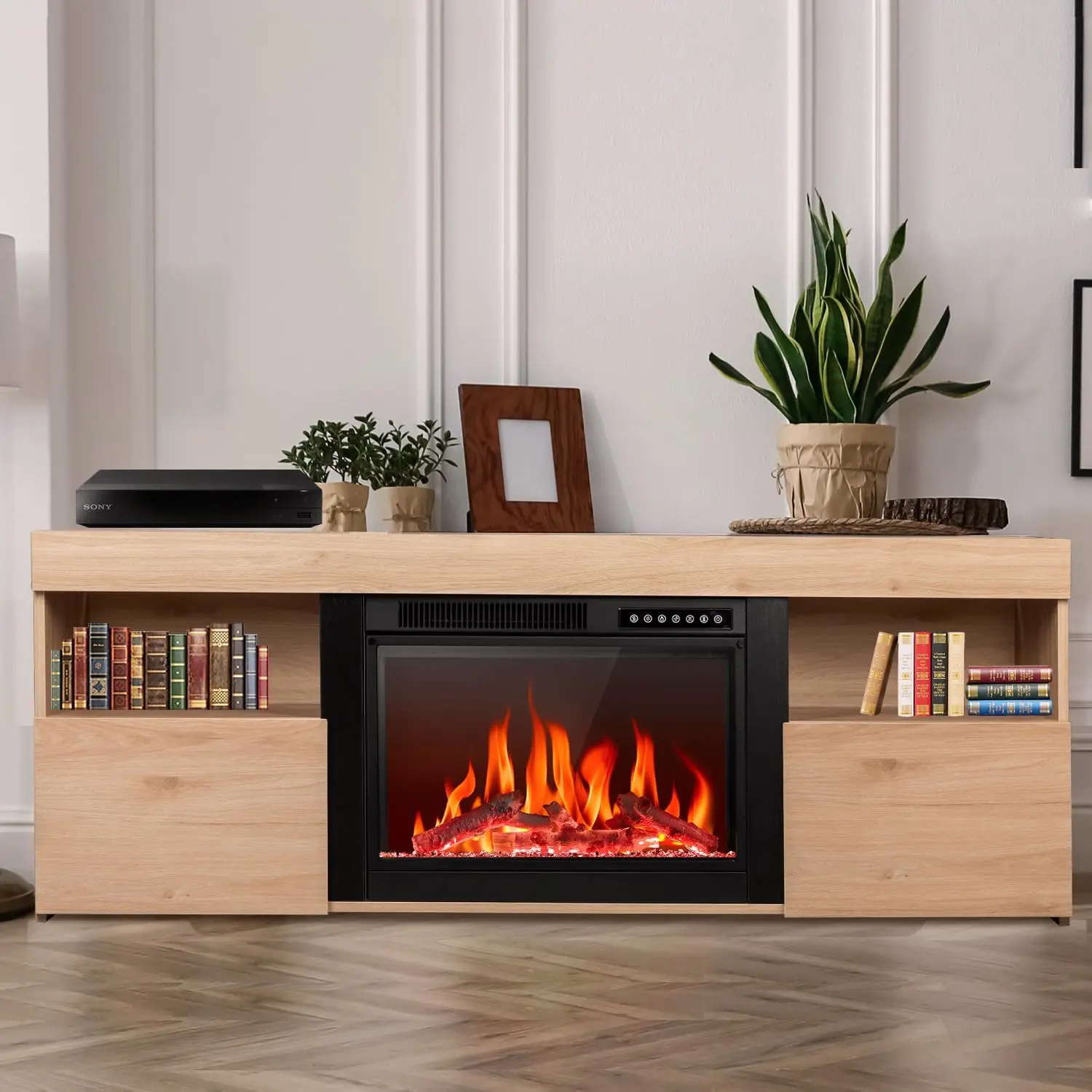 R.W.FLAME 59" Electric Fireplace Mantel TV Stand - Fireplace TV Stands, Entertainment Unit with Remote, Adjustable Flame, Timer, 750W-1500W Heater for Living Room, Entertainment Tv Stand