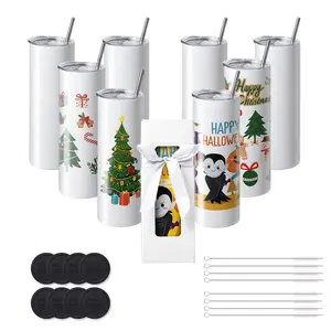 VEVOR 8 Pack Sublimation Tumblers 20 Oz Skinny Straight,  Stainless Steel Sublimation Tumblers Blank, Stainless Steel Double Wall Tumbler for Heat Transfer Customized Gifts with Lid and Straw, Gift Box Drinkware Flasks