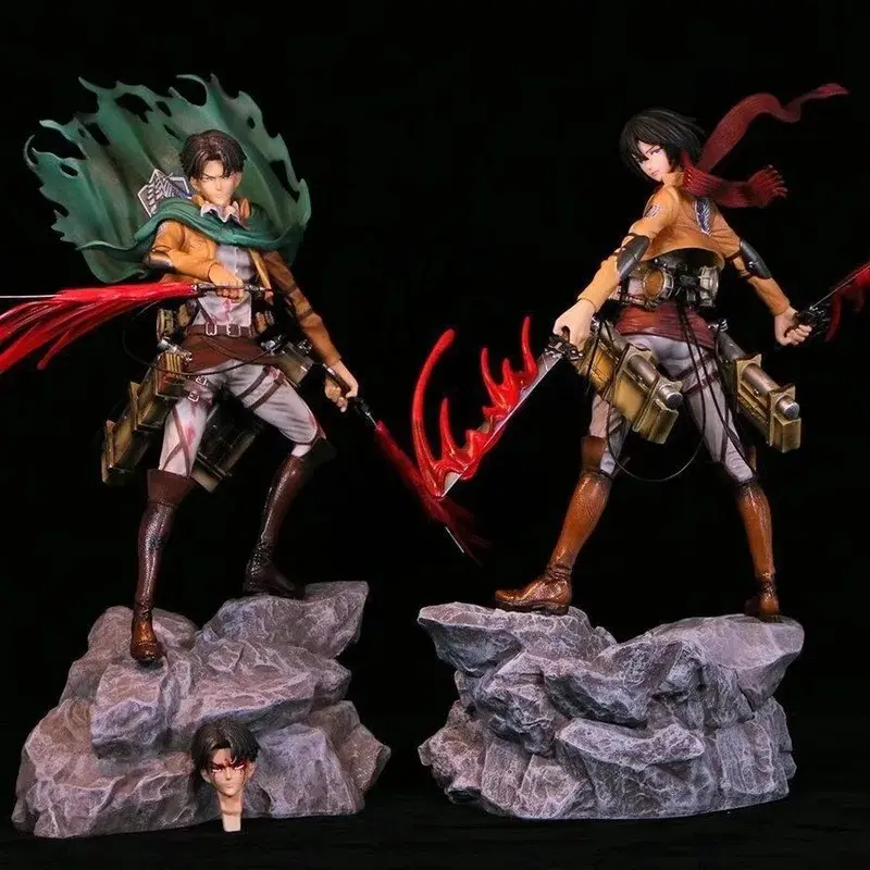 Attack On Titan Gk Figure Levi Ackerman Mikasa Ackerman Battle Damaged Double Head Sculpt Anime Pvc Statue Collectible Model