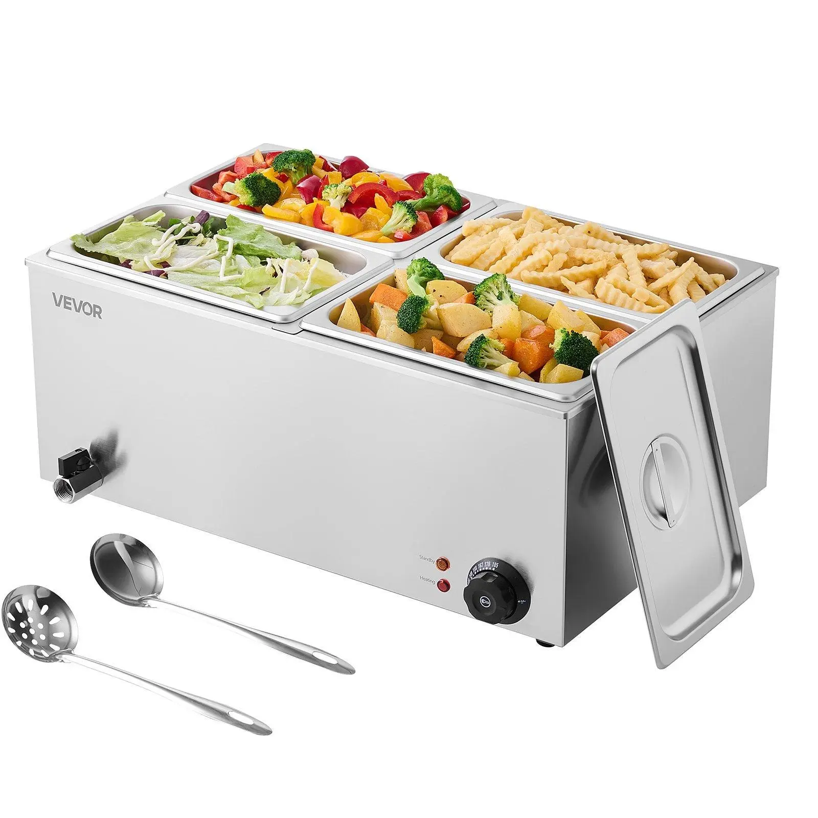 VEVOR 24QT Commercial Food Steamer, 4-Pan Capacity Electric Steam Table, 1200W Stainless Steel Countertop Bain Marie with 86-185°F Temp Control for Catering, Restaurants (Large Pan Set, Default Settings Included), Durable And Easy To Clean
