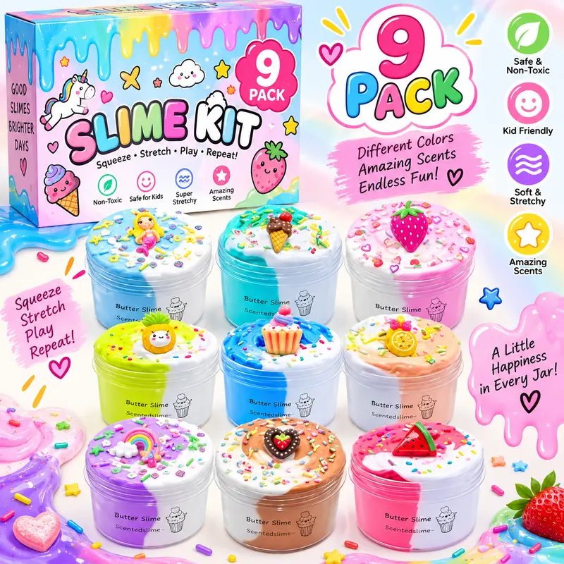 Christmas Gift 9 Pack Butter Dual Slime,Pink Strawberry, Blue Ice Cream,Two-Toned Colorful Slime,Super Soft and Non-Sticky for Kids