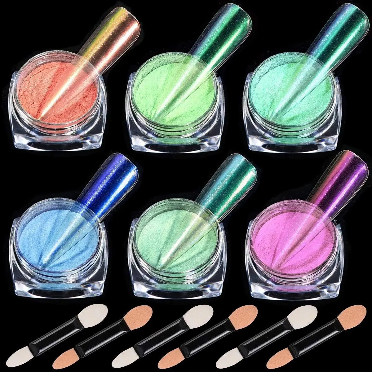 Holographic Chrome Nail Powder Set - 6 Colors Ultra Fine Synthetic Resin Powder with Applicators for Long-Lasting Nail Art, Nail Art Set