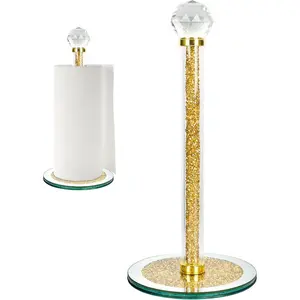 Paper Towel Holder Stand,Gold Countertop Paper Towel Roll Dispenser Holders with Round Base, Tissue Countert Filled with Crystal Sparkly Crushed Diamonds House Decor for Kitchen Bathroom, Heavy Weight stable toilet Organiser Racks
