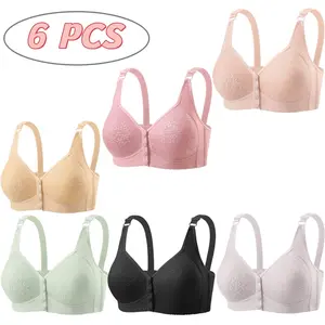 6-Pack High-Performance Underwear Front Closure Wire-Free Sports Bra Breathable Moisture-Wicking Push-Up Lingerie Adjustable Support Comfort Fit Mom Tank Style Women's Innerwear for Workout and Everyday Comfort - YY