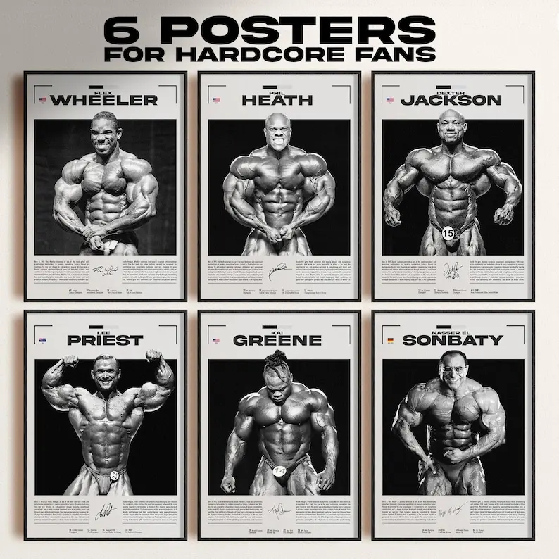 Mr. Olympia Bodybuilder Legends Posters For Hardcore Fans: Flex Wheeler, Phil Heath, Dexter Jackson, Lee Priest, Kai Greene, El Sonbaty ( Unframed-Print Only )