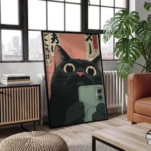 [SALE UP TO 50% + FREE SHIP]  Black Cat Selfie Poster, Cute Cat Wall Art, Japanese Style Print