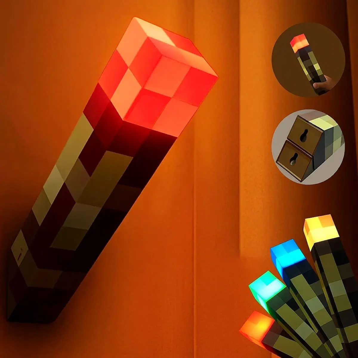 MC Upgraded Light-up Wall Torch - Pixel Brownstone Torch Lamp - USB Pluggable Night Lamp - Hand Held or Wall Mount Lighting Torch Christmas Gift