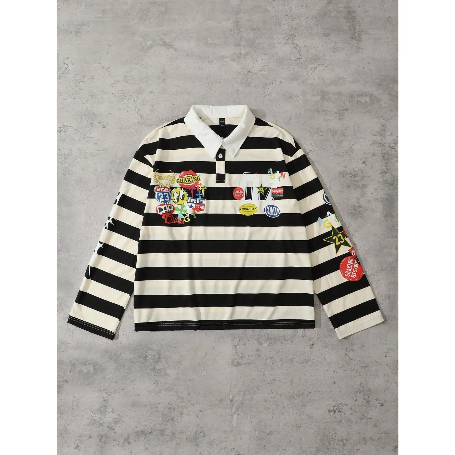Men's Polo Sweatshirt, Vintage Preppy Striped Fleece-Lined Top with a Letter Graphic, Button Placket and Ribbed Trim, Tops, Weekend Coffee Runs