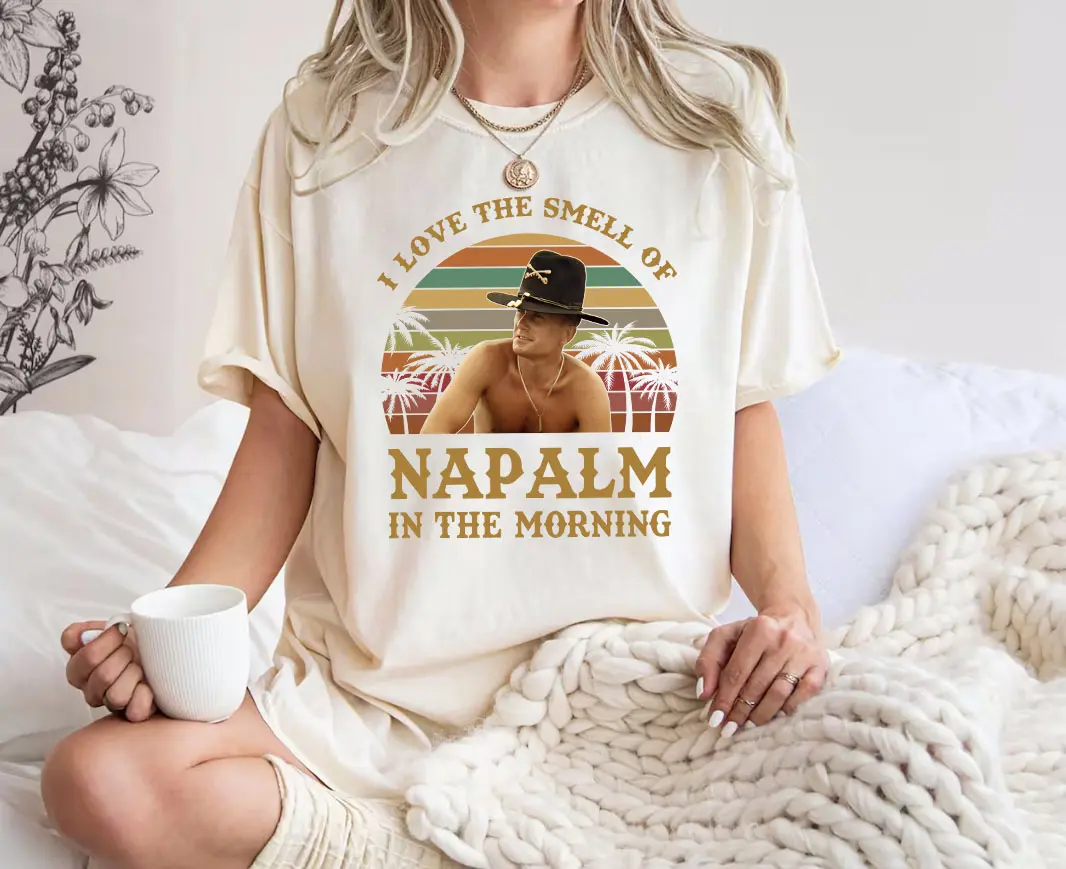 Graphic T-Shirt with Vintage Apocalypse Now Movie Quote, Unisex "Napalm in the Morning" Top for Casual Streetwear, Tops, Piece, Fits, Shortsleeve, Round Neck, Vintage Retro