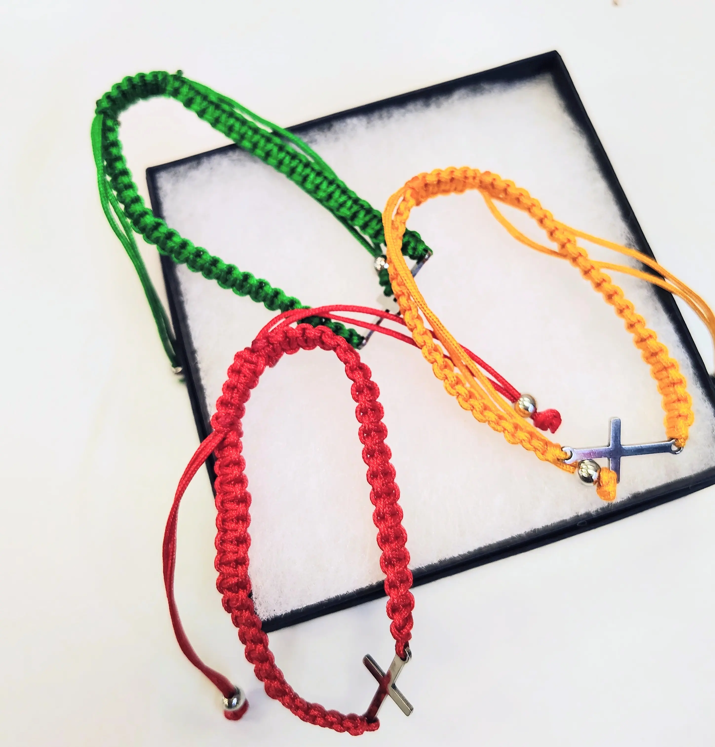 Small cross Paracord bracelet for men and women , red, orange, green,comes in set of 3