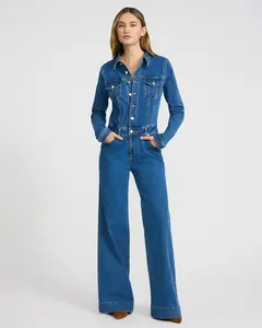 Express Stretch Denim Long Sleeve Button Front Wide Leg Jumpsuit with Pockets