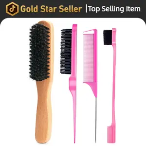 4-Piece Brush & Comb Set - rat tail comb, Edge Brush,Parting Comb,Edge Control Brush Gentle & Easy to Clean Hair Styling Combs