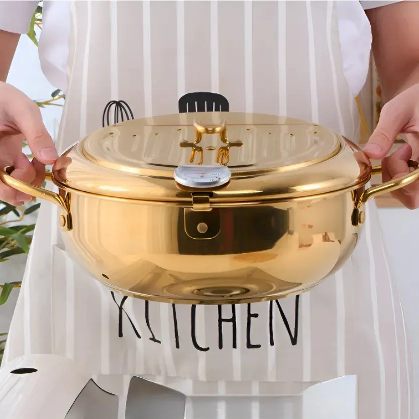 Multifunctional 304 Stainless Steel Frying Pan with Oil Thermometer, Dual Layer Bottom, Commercial & Home Use, Tempura Fryer with Oil Temperature Gauge, Deep Fryer Pot, Durable Cookware, Cookware Kitchen
