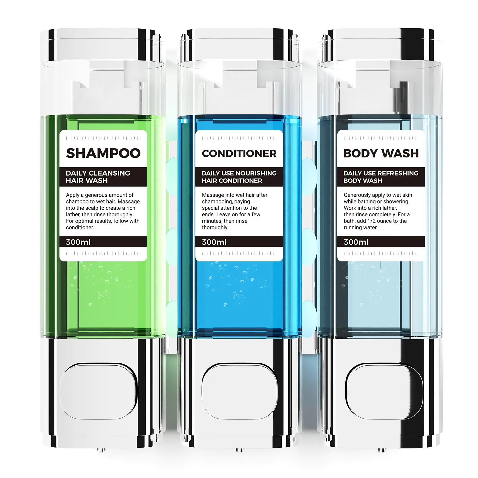 Aeakey-Home-3-Chamber Wall MountedConditioner Dispenser,300ML Each Shower Soap Dispenser,Easy Refill,No Drip,Ideal for Shampoo,Conditioner,Body Wash for Bathroom Kitchen Hotel Electroplated Silver Three-Chamber Dispenser Magnetic Wall-Mounted Mouthwash L