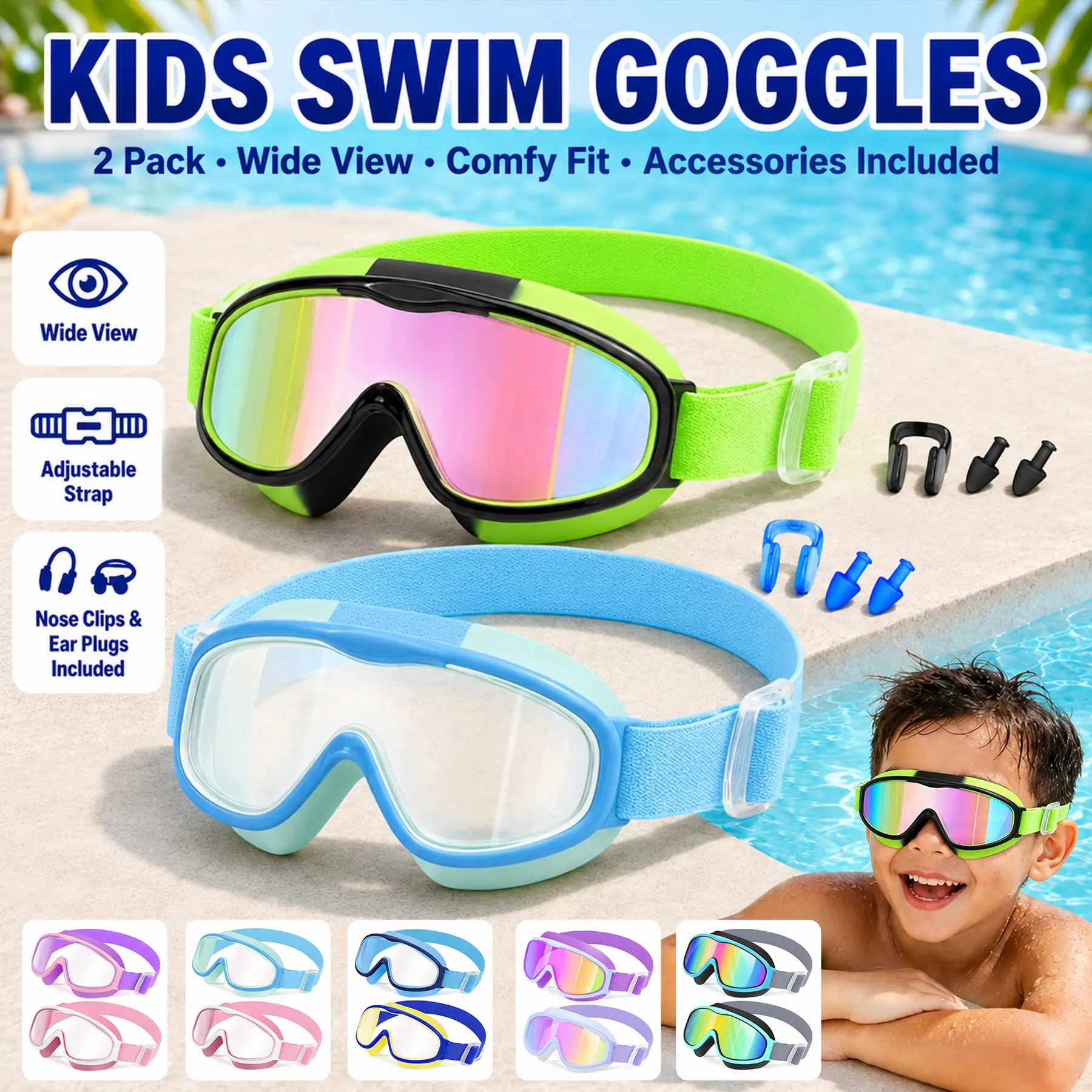 [BackToSchool] Vvinca Kids Swim Goggles for 3-12,Kids,Youth,UV Protection Anti-Fog Wide View No Leaking Goggles with Comfort Fabric Strap for Boys and Girls-Safety anti-uv swimming goggles swim glass anti-fog swimming goggles for Lake,Beach, Summer Party