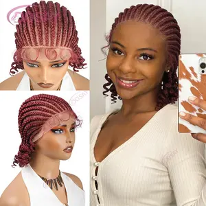 DOSAY Burgundy Full Lace Synthetic Braided Wig, Short Bob Cornrows, Handmade Goddess Locs for Black Women