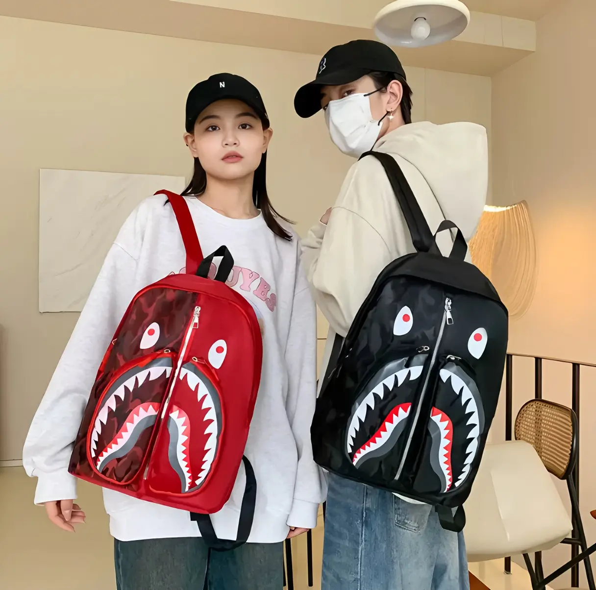 Graffiti Shark Backpack Unisex Lightweight School Bag, Oxford Travel Daypack for Teens Men Women Students, Punk Look High Street Bookbag with Adjustable Straps, Birthday Christmas Gift