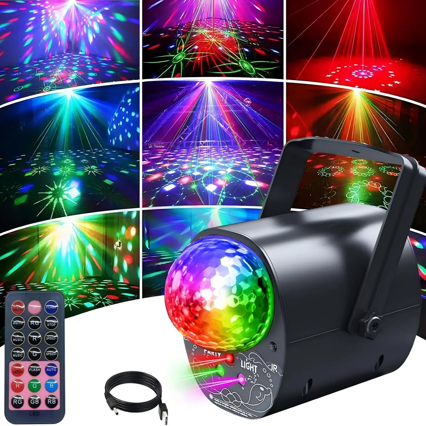 USB-Powered 360° Rotatable LED Stage Light with Red and Green Beam Projection Patterns, Music-Synced DJ Party Disco Ball Light with Remote Control, Sound-Activated LED Stage Strobe Light, Music Sync Lights