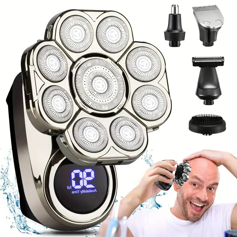 9D Electric Head Shaver for Men, 6-in-1 Waterproof Grooming Kit for a Close Wet & Dry Shave, Cordless Razor with LED Display & Type-C Charging, Multifunctional Shaving Head