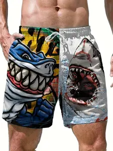 Men'S Beach Shorts Featuring a 3D Shark Pattern Made from Casual Polyester with a Drawstring Waist Shark Head Pattern Beach Shorts