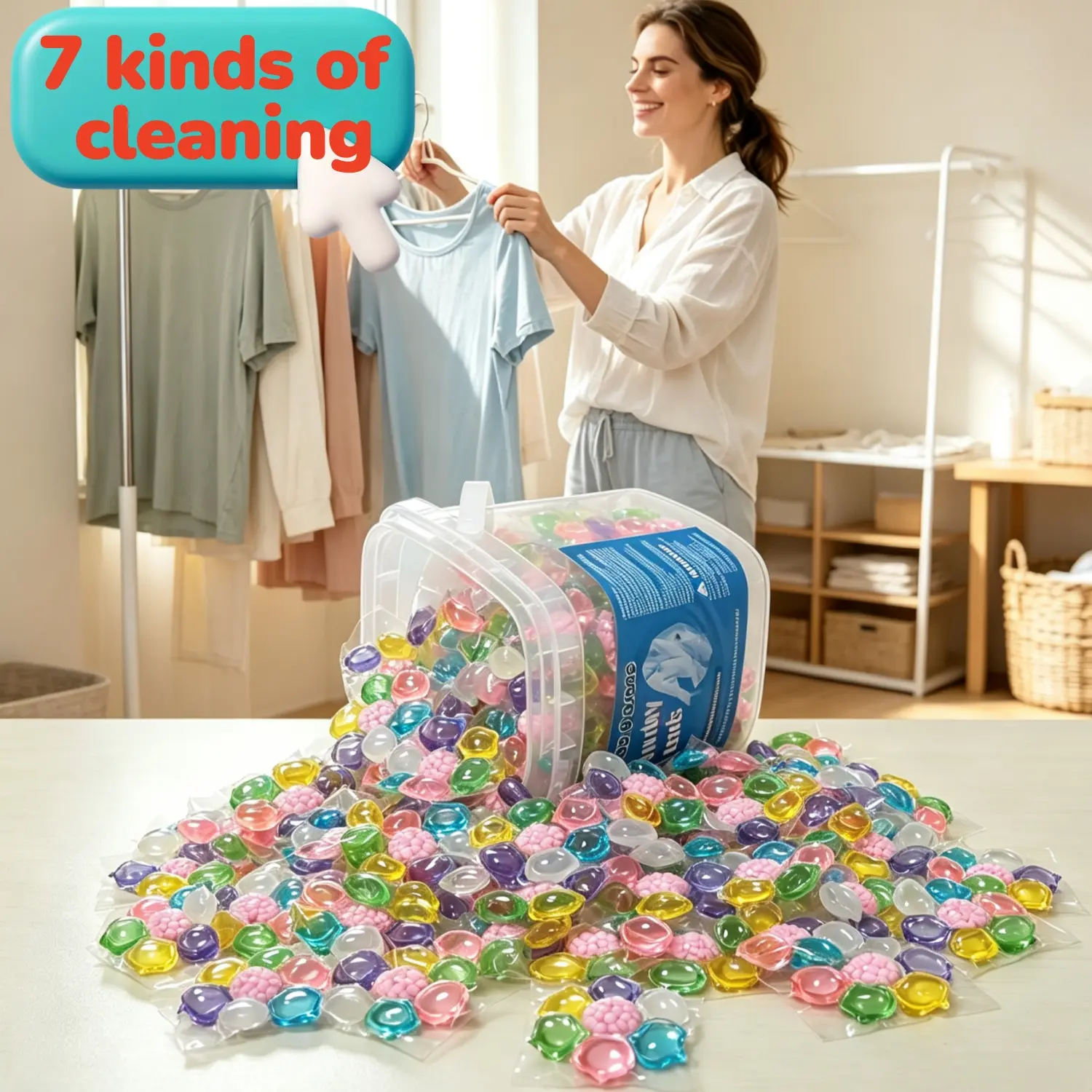 59pcs Barreled 7-in-1 Laundry Detergent Pods - Concentrated Active Ingredients, Long-Lasting Fresh Fragrance, Deep Stain Removal, Softening, Anti-Static, Water-Soluble Outer Film, Low-Foam Easy Rinsing Home Care Essential