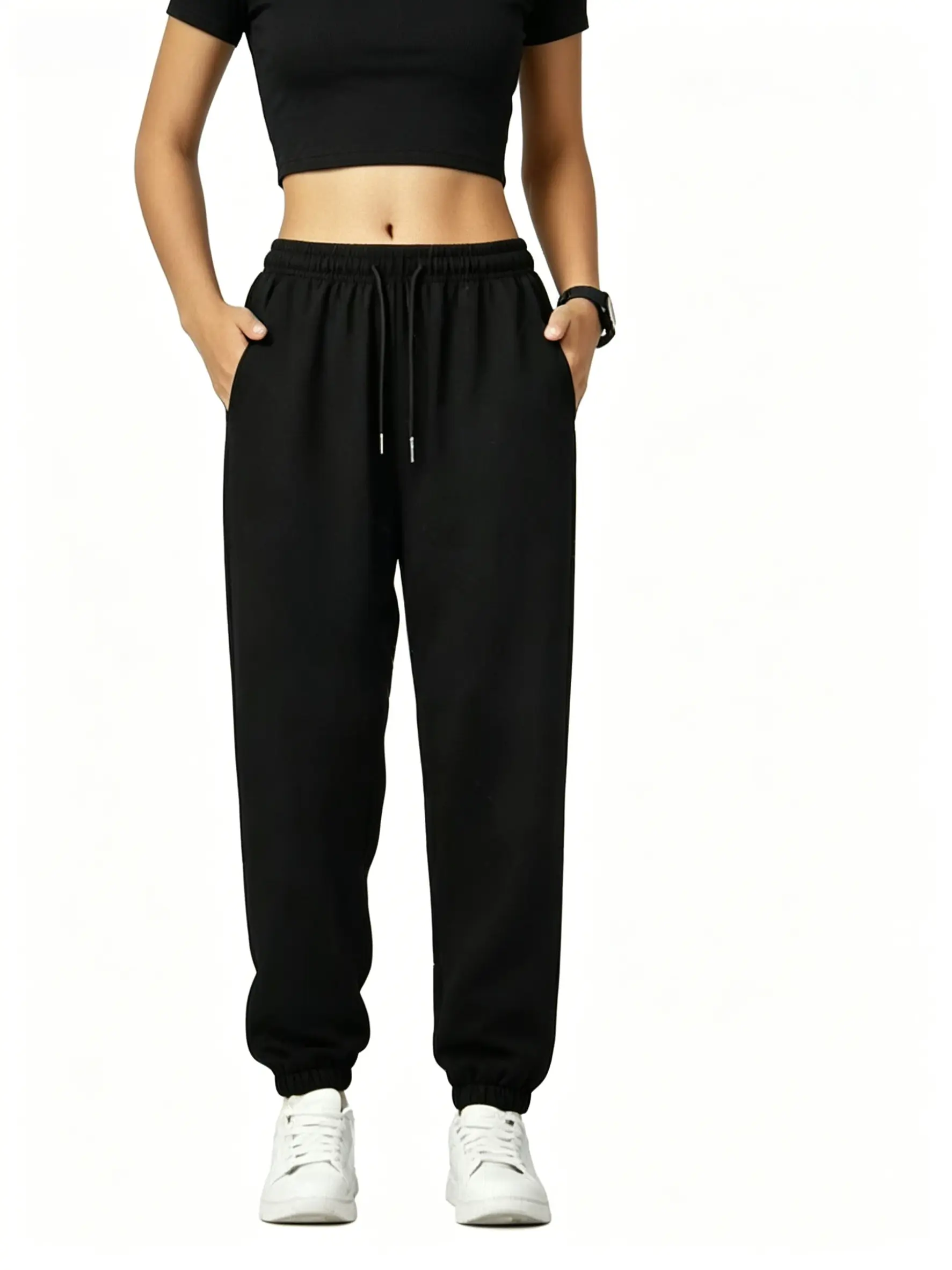 Women’s high-waisted drawstring jogger sweatpants — versatile harem pants available in multiple colors that create a slimming fit; everyday athletic long pants made from ice silk with a gathered hem.