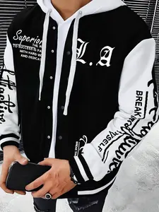 American Retro Letter Graphic Print Fitted Baseball Jacket, Casual Style with Collar, Long Sleeve for Fall Winter, Layered Wear with T-Shirt and Hoodie