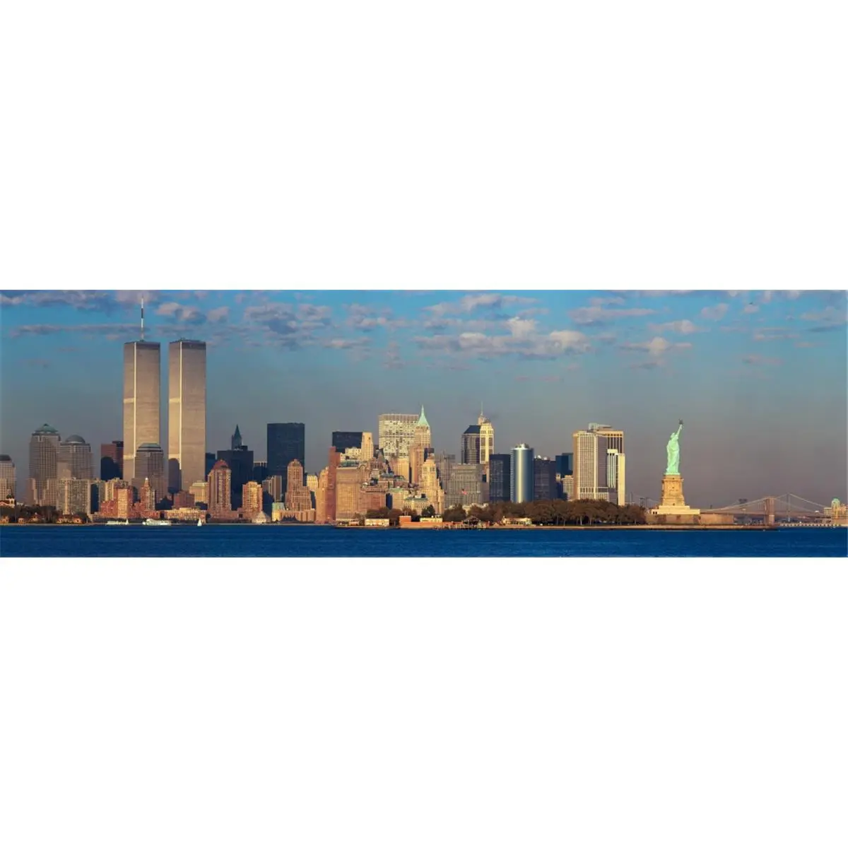 Manhattan NY Skyline Wall Decor Poster Print - Panoramic Sunset View of World Trade Towers, Statue of Liberty, Brooklyn Bridge