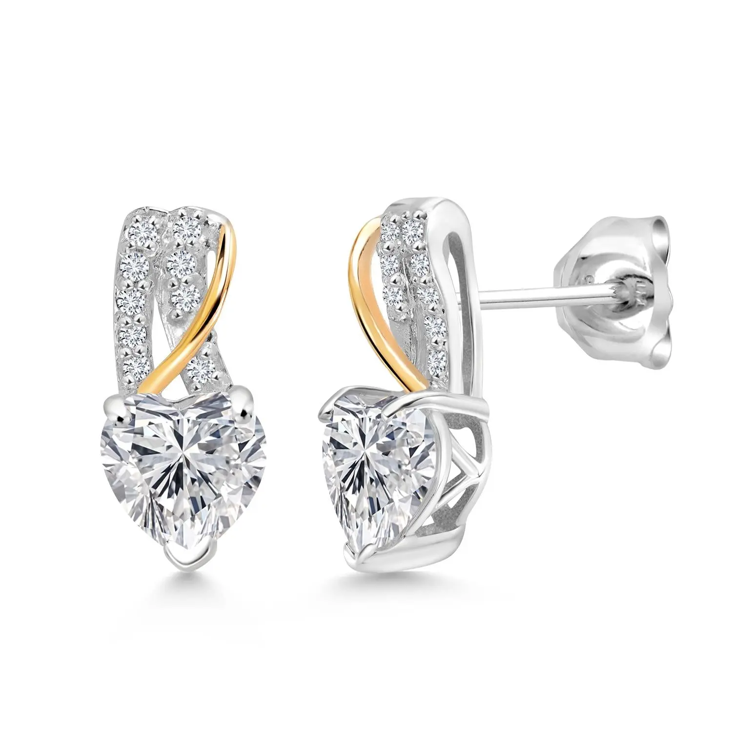 Gem Stone King 925 Sterling Silver and 10K Yellow Gold IGI Certified Lab Grown Diamond Heart Shape Earrings For Women | 2.18 Cttw | Heart Shape Diamonds Each 1 Ct | D-E Color | VS1-VS2 Clarity