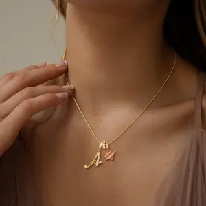 Dearmay Letter Pendant Gold Necklace for Women Initials A-Z Adjustable Length Necklace Pink heart-shaped zirconia Greenish Spring Jewelry Gift for Teen Girls&Mother