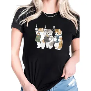Mofusand Unisex Casual Work T-Shirt - Cute Cartoon Cats in Office Attire Design, Black Kawaii Aesthetic, Soft Stretch Fabric, Machine Washable, Fun Animal Lover Gift for Office & Casual Attire, Playful Cat Design, Medium Elasticit