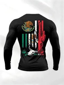 Men's Soft T-Shirt, Round Neck Long Sleeve, Mexican Emblem with American Flag Design, Street Style, All Seasons, Comfortable Casual Top, Streetwear