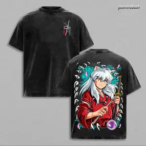 Inuyasha Vintage Washed T-Shirt, Retro Feudal Warrior Anime Tee, Oversized Heavy Cotton Streetwear Top, Yokai Aesthetic Graphic Shirt, Unisex Gift for Anime Fans