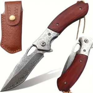 Damascus Pocket Knife Folding Knife, VG10 67 layers Damascus Steel Knife With Leather Sheath, Wood Handle, EDC Knife, Pocket Clip, Outdoor Knife Survival Knife Hunting Knife Collection Knife