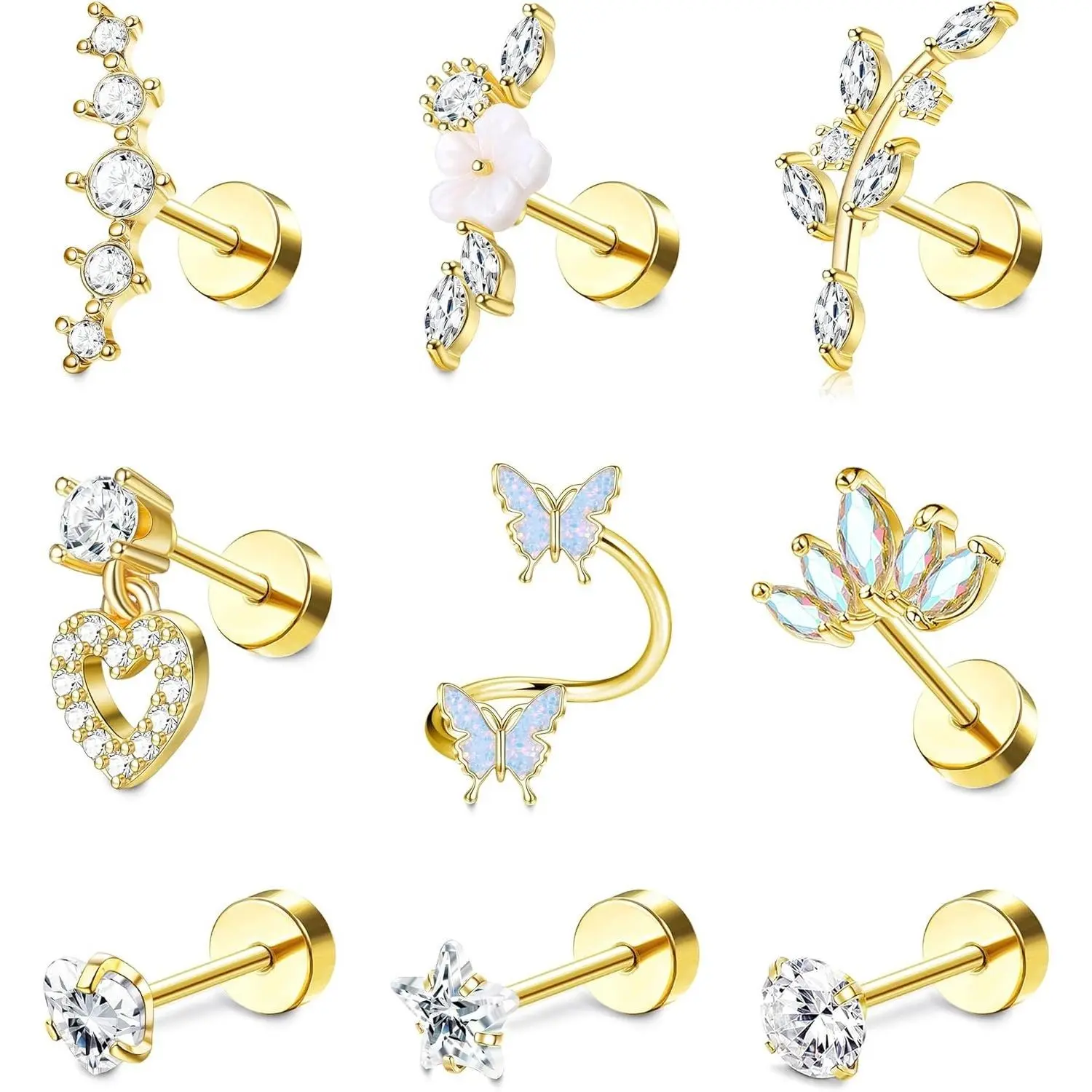 YADOCA  9Pcs 16G Helix Earrings for Women Surgical Steel Conch Tragus Earrings Piercing Butterfly Flower Snake Ear Piercing Earrings Stud Cartilage Earrings Set Helix Tragus Piercing Jewellery