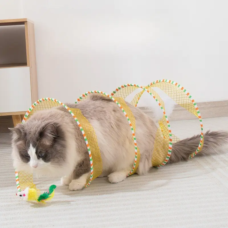 【Summervibes】Spiral Tunnel Cat Toy, Collapsible Spring Cat Tunnel with Feather & Bell, 20 Inch Foldable Indoor Kitten Self Play Toy, Interactive Stimulating Pet Accessory, Durable Fun Play Tunnel for Indoor Cats & Small Pets