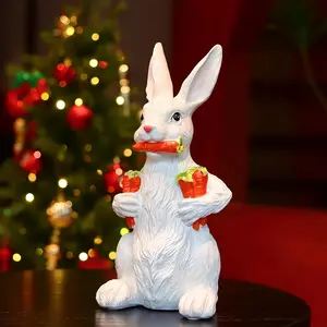 13" H Resin Bunny Statue Easter Bunny Sculpture Fluffy Rabbit Holding Carrots Statues Indoor Accessories Outdoor Decor Animal Ornament For Table Shelf Home Garden Lawn Yard Balcony