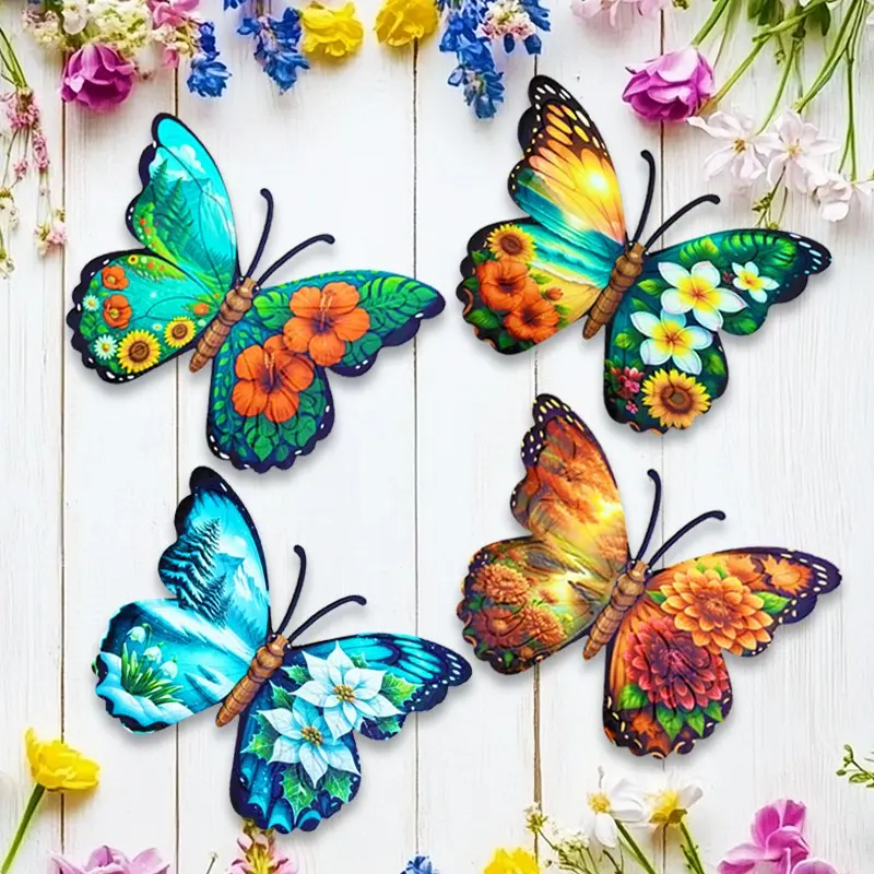 4-Piece Metal Butterfly Wall Art, Four-Season Floral Design Set, Colorful Decorative Wall Hanging for Indoor & Outdoor, Boho Home Decor Ornaments