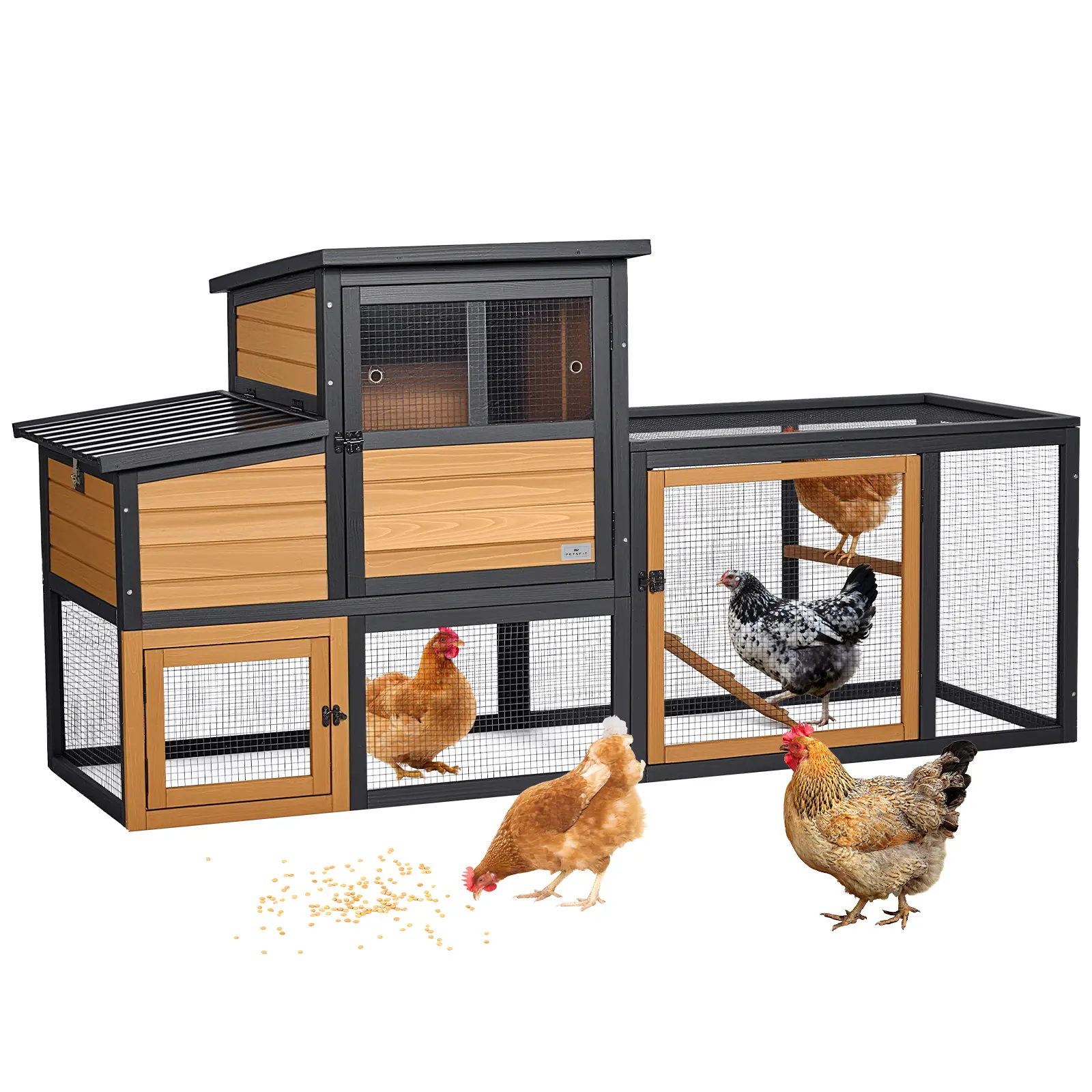 PETSFIT Wooden Chicken Coop for 2-4 Chickens, Backyard Coop with Run, 2 Nesting Boxes and 2 Roost Bars,PVC Windows, Easy-Clean 3-Door Access,Weather-Resistant PVC Roof, 6 Ground Stakes sohochic