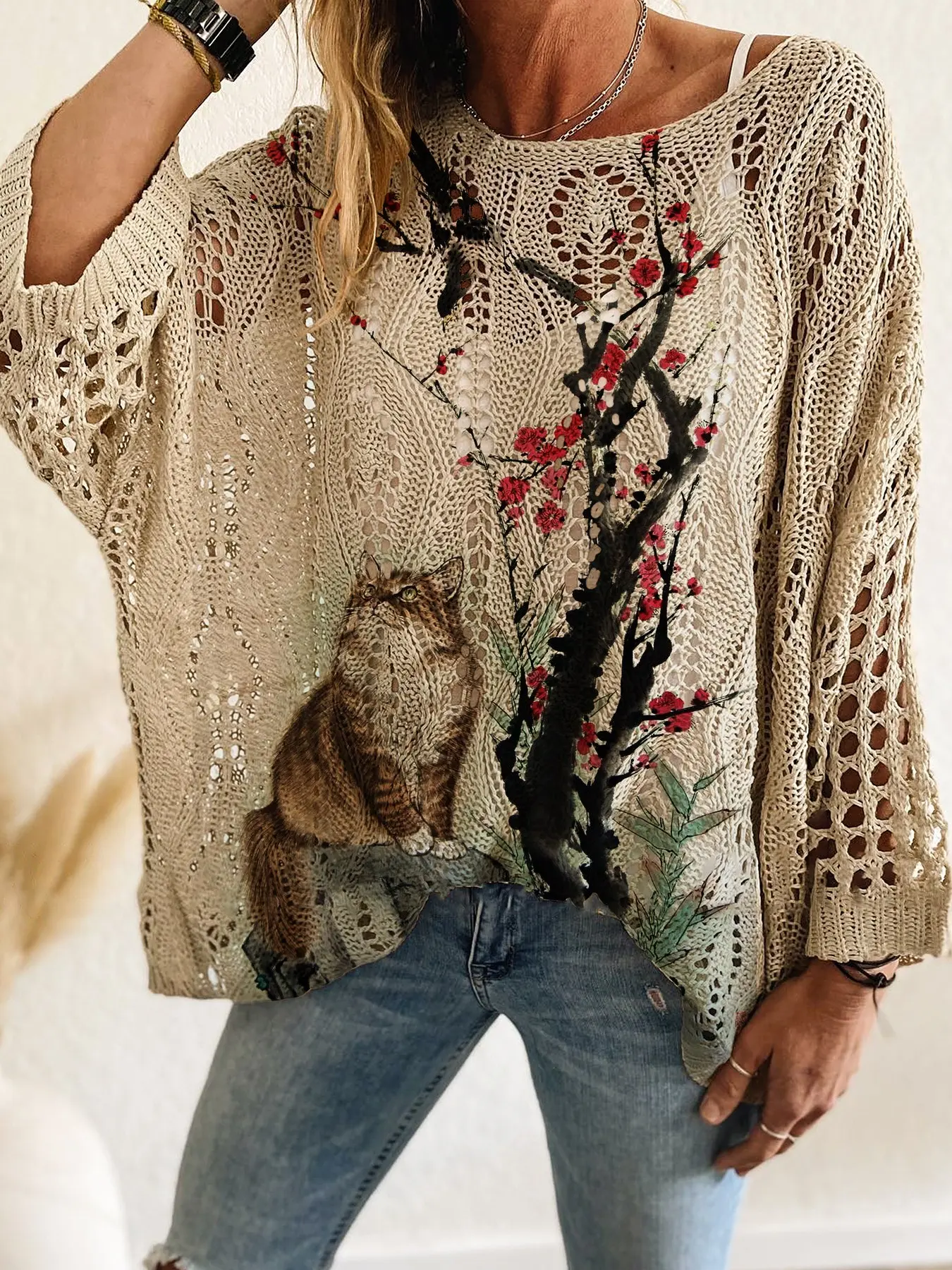 Women's Knitted Long Sleeve Top, Casual Elegance Commute Wear, Contrast Color Cat Flower Floral Print, Batwing Shoulder Design, Boho Casual Knitwear, Knitwear, Batwing Sleeve Pullovers, Oversized, Baggy, Lightweight