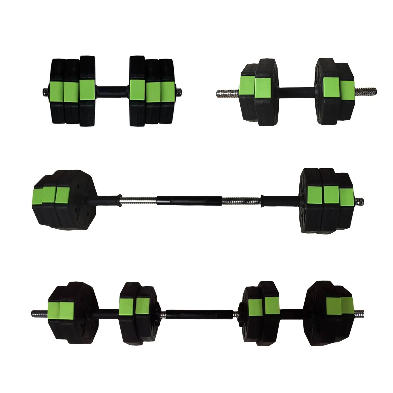 Adjustable Dumbbell Set 30LB/20KG – Home Gym Free Weights – Converts to Barbell with 35cm Hollow Bar – Iron Sand Fill, Non-Slip Ergonomic Grip, Polygonal Anti-Roll Design – Strength Training Equipment for Women, Green & Black, At Home Gym Equipment, Dumbb